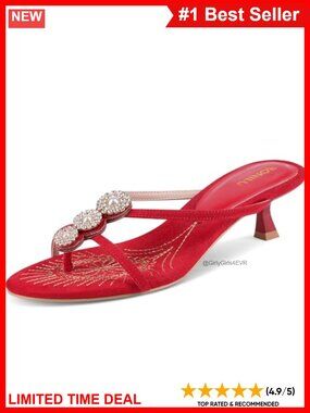 Women's Suede Thong Kitten Heel Sandals Rhinestone Pearl Dress Heels